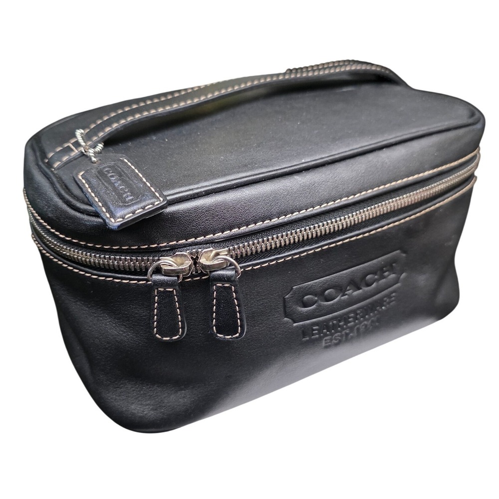Coach Black Leather Cosmetic Toiletry Bag Dopp Kit Travel Case